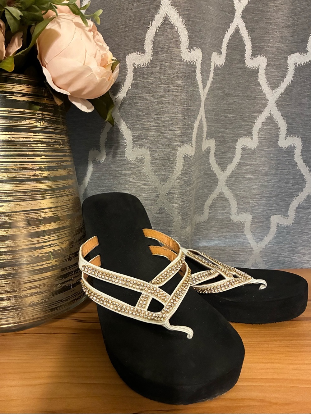 Women’s Black Wedge Platform Sandals with Embellished Straps